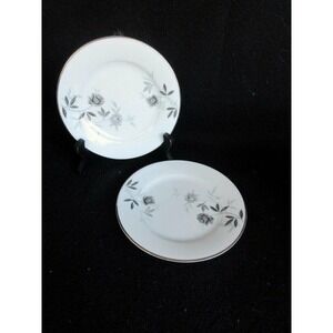 Noritake Rosamor Set of 2 Bread/Butter‎ Plates Gray Roses/Black Leaves Platinum